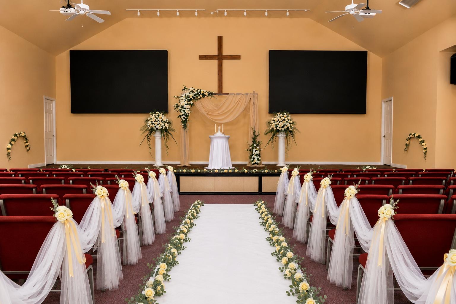 Church wedding aisle decorated with white fabric, flowers, and greenery