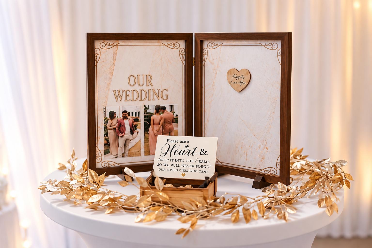 Gold and wood wedding guestbook memory display