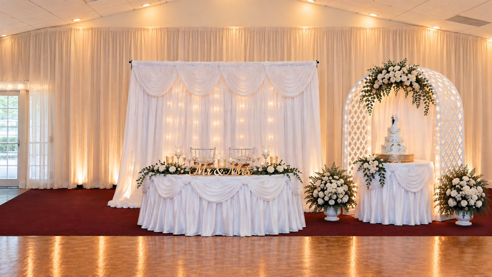 Elegant white and gold wedding reception with sweetheart and cake tables