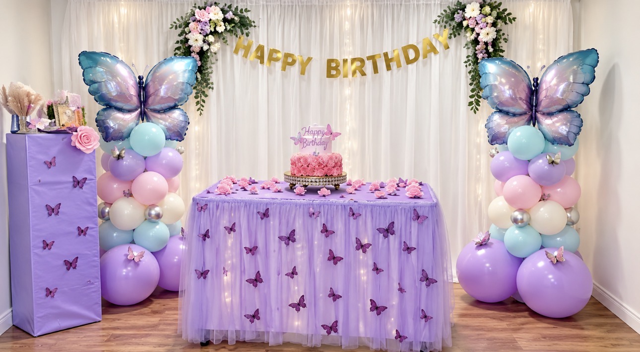 Lavender butterfly birthday table with pastel balloon garlands