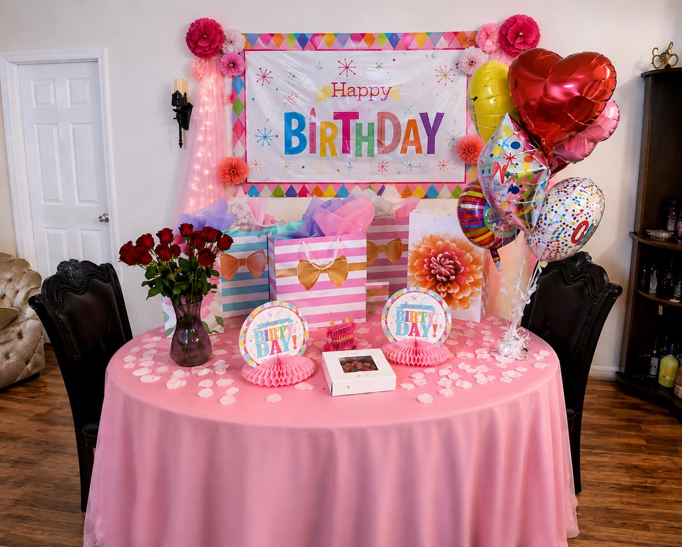 Bright multicolor birthday table with flowers, gifts, and balloons