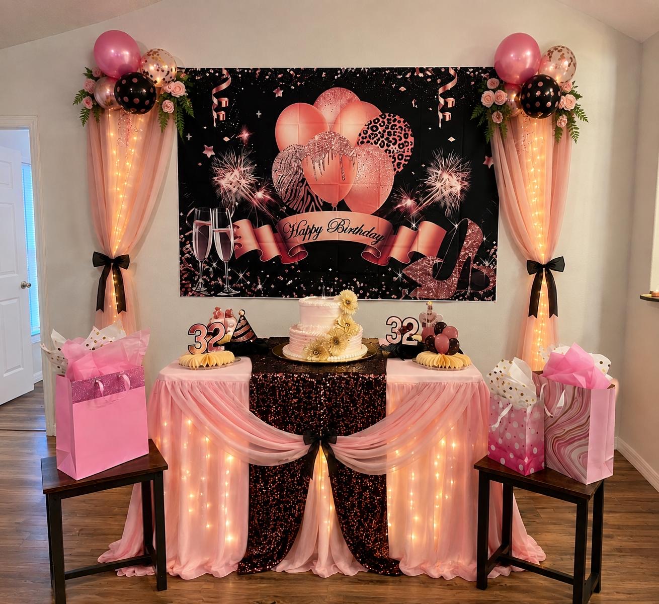 Black, blush, and gold glamorous birthday dessert table