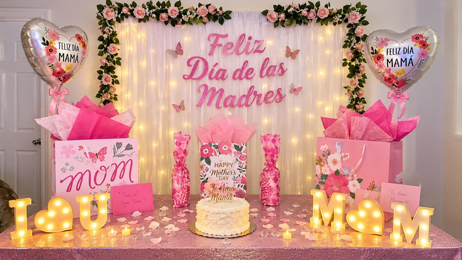 Pink Mother's Day celebration display with flowers, gifts, and warm lights