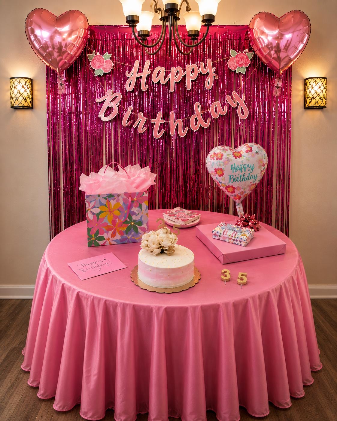 Pink birthday table with heart balloons and illuminated backdrop
